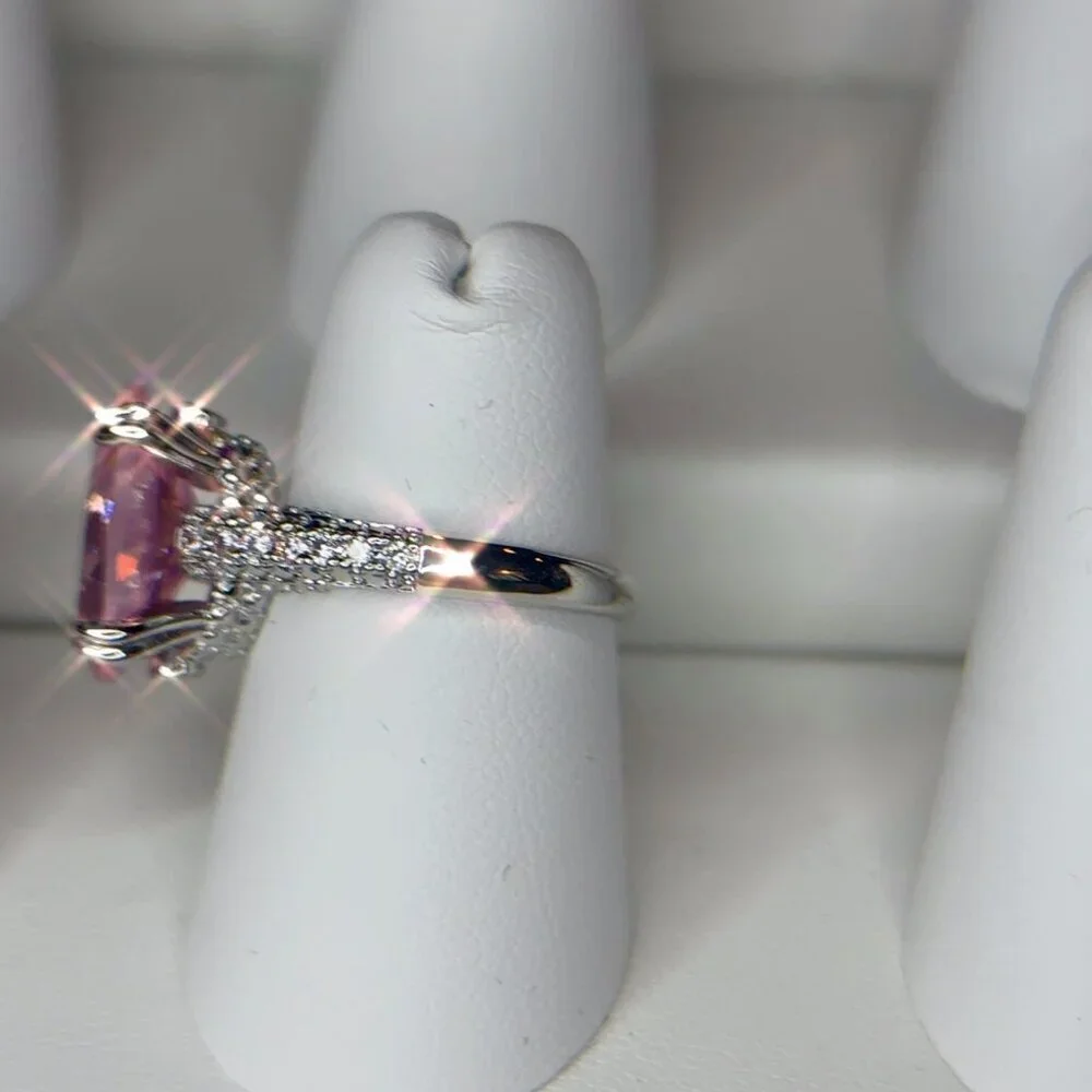 Pink Solitaire Gemstone Ring w/ Clear Accents Silver Plated Engagement size 7 - Picture 7 of 11